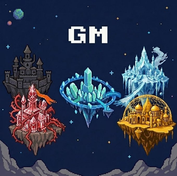 Pixel art featuring floating islands with different colored castles—red, blue, gold, and crystal—with the text 'GM' displayed prominently against a starry night background.