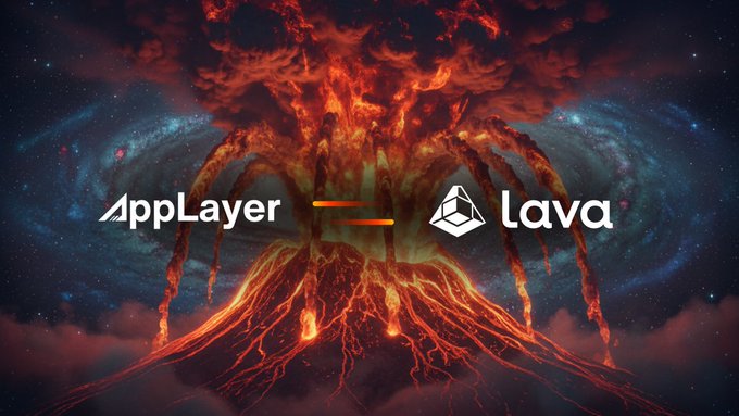 A dramatic volcanic eruption illustration showcases the "AppLayer" and "lava" logos separated by an orange equals sign, visually representing the partnership where AppLayer now utilizes Lava RPC for its blockchain infrastructure that unifies business operations.