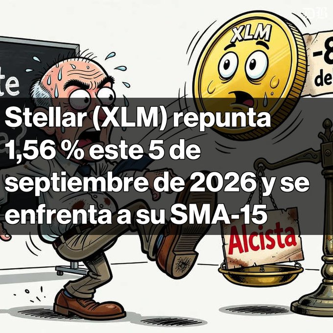 A cartoon illustration depicts a sweating man in a suit and a worried golden XLM coin, with overlaid text reading 'Stellar (XLM) repunta 1,56 % este 5 de septiembre de 2026 y se enfrenta a su SMA-15'.