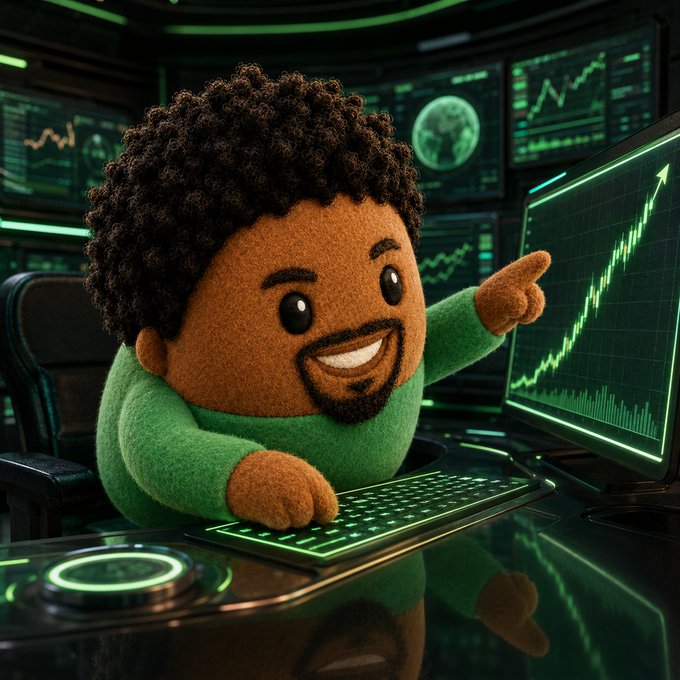 A cute plush-style character with curly hair and a green sweater excitedly points at a glowing green stock chart on a monitor, surrounded by multiple screens displaying financial data and a globe.