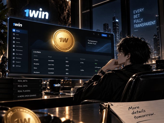 An illustration of a person looking at a computer monitor displaying the '1win' betting website interface with live bets, accompanied by text 'EVERY BET FULLY TRANSPARENT.'