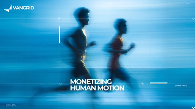 A VanGrid promotional image with the tagline 'MONETIZING HUMAN MOTION' showing blurred silhouettes of two people running against a blue background.