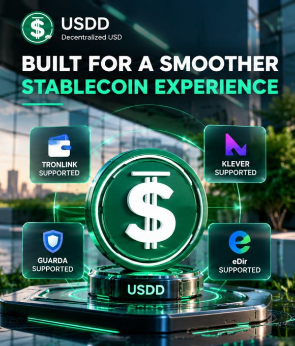 A cryptocurrency advertisement for USDD (Decentralized USD) promoting a 'SMOOTHER STABLECOIN EXPERIENCE' with logos showing support from TronLink, Klever, Guarda, and eDir.