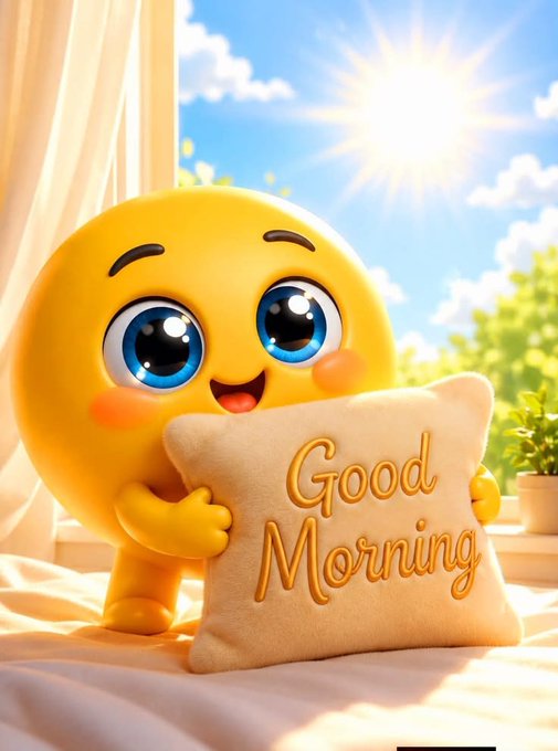 A 3D-rendered yellow emoji character with large blue eyes holding a pillow that reads 'Good Morning' in front of a sunny window.