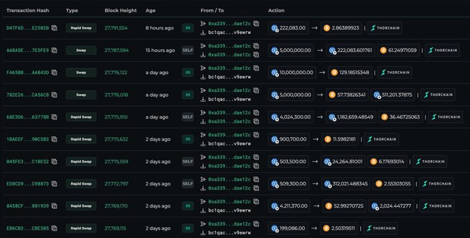 A dark-themed screenshot of a blockchain transaction tracking website, listing multiple transactions with details such as 'Transaction Hash', 'Type' (Swap, Rapid Swap), 'Block Height', 'Age', and token amounts.