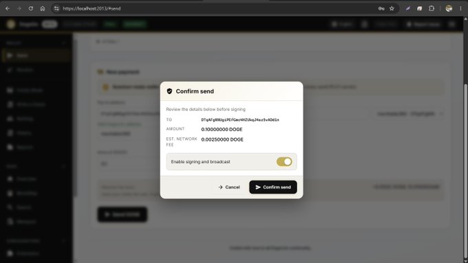 A screenshot of a 'Confirm send' dialog box on a local web interface (localhost:2011/send) showing a transaction of 0.10000000 DOGE with a 0.00250000 DOGE network fee, with options to Cancel or Confirm send.