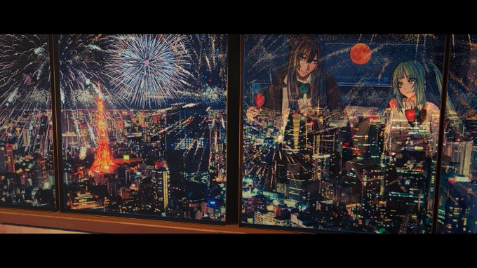 Two large digital displays show a nighttime Tokyo cityscape with fireworks bursting over Tokyo Tower, while the right screen features anime characters—including Hatsune Miku with her signature teal hair—holding glasses and toasting beneath a red moon. The "to the moon" reference in the post ties into both the celebratory fireworks and the rising red moon, capturing a festive toast to an exciting moment.