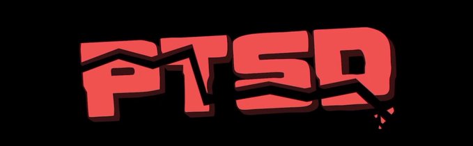 A graphic featuring the word 'PTSD' in bold red 3D letters with a crack running through it against a solid black background.