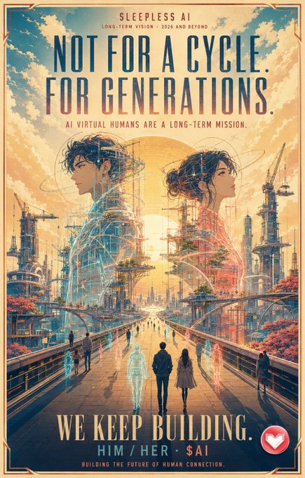 A poster for "Sleepless AI" reads "NOT FOR A CYCLE. FOR GENERATIONS. AI VIRTUAL HUMANS ARE A LONG-TERM MISSION." and "WE KEEP BUILDING. HIM / HER - $AI - BUILDING THE FUTURE OF HUMAN CONNECTION," featuring illustrated figures in a futuristic city.