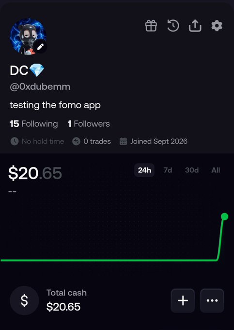 A profile screenshot of user "DC" (@0xdubemm) showing $20.65 in total cash with no hold time and 0 trades, testing the Fomo app after joining @fomo in September 2026.