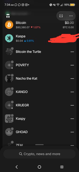 A Tangem wallet interface displays a portfolio list featuring cryptocurrencies including Bitcoin ($80,380.07, down 1.07%), Kaspa ($0.04, up 0.61%), and various meme coins like Bitcoin the Turtle, POVRTY, Nacho the Kat, KANGO, KRUIEGR, Kaspy, GHOAD, and ZEAI. One entry near the top has been heavily scribbled out in red marker, visually representing the post's complaint that Tangem has restricted or "turned off" the ability to move certain meme coins overnight, illustrating the user's frustration about trusting a custodial wallet to control their assets.