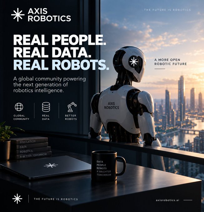 The image is a promotional graphic for Axis Robotics featuring a humanoid robot gazing out over a city skyline at dusk, with the headline "REAL PEOPLE. REAL DATA. REAL ROBOTS." and the tagline "THE FUTURE IS ROBOTICS." The accompanying post about @axisrobotics highlights how the company transforms browser-based data collection into a scalable training loop for physical AI, aligning with the visual emphasis on community-driven robotics intelligence.