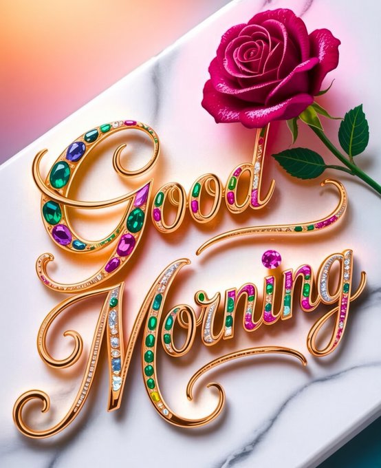 A stunning "Good Morning" greeting card design featuring elegant gold script lettering adorned with vibrant pink, green, and multicolored gemstones, accompanied by a lush magenta rose on a white marble background.

The image relates to the post through its celebration of optimism and forward-looking beauty—the "Good Morning" message and blooming rose symbolize new beginnings and the promise of future growth, mirroring the post's theme of investors betting on future demand rather than present-day returns.