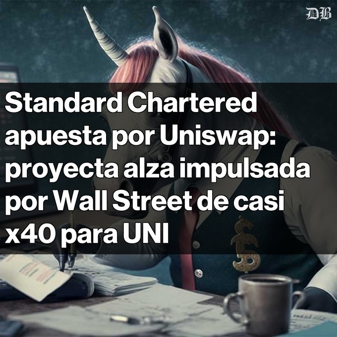 This is an image of a unicorn wearing a business suit sitting at a desk, surrounded by paperwork such as papers with text written down or drawn on them that relate to Standard Chartered's Standard Chartered AppUESTA por Uniswap projecta alza impulsada por Wall Street de casi. The image also contains other information about the project and a monetary value of $40 per token, which could be an indication for the worth of the tokens or potential losses if they are not trading as planned.