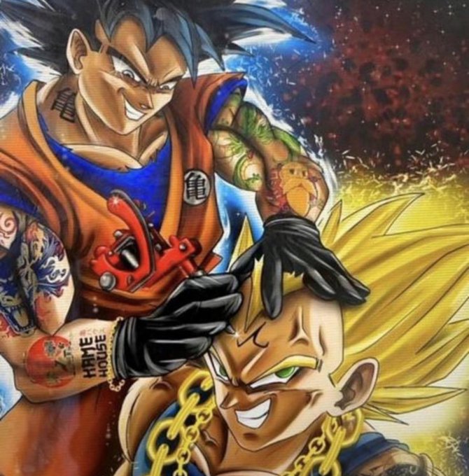 A vibrant crossover artwork depicting a tattooed, muscular version of Goku from Dragon Ball standing behind and holding the head of Super Saiyan Goku.