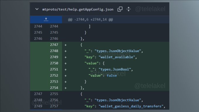 A code editor displays a JSON file diff (mtproto/test/help.getAppConfig.json) showing changes around lines 2744-2757, with green additions for fields like 'wallet_available' set to false.