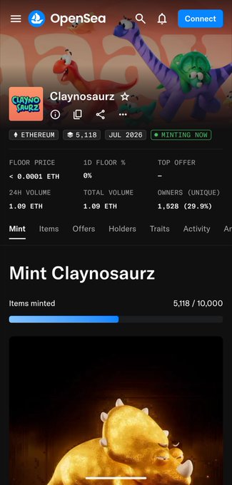 A screenshot of the OpenSea NFT marketplace page for "Claynosaurz," showing an Ethereum-based collection with 5,118 items minted out of 10,000 in July 2026. The page displays a "Mint" tab interface with metadata like a floor price below 0.0001 ETH, supporting the user's skepticism about OpenSea allowing questionable minting projects on its platform.