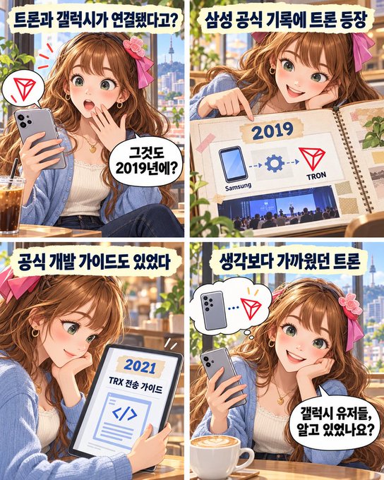 A four-panel Korean comic strip featuring an anime-style girl reacting to the TRON cryptocurrency, with text referencing Samsung's 2019 partnership and TRX transfer guides.