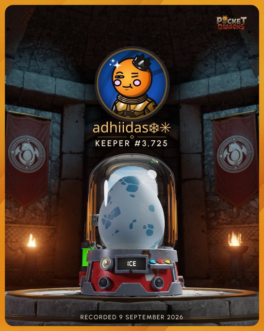 A Pocket Dragons NFT profile card for user 'adhiidas' (Keeper #3,725) featuring an ice-type dragon egg in a glass dome, recorded 9 September 2026.