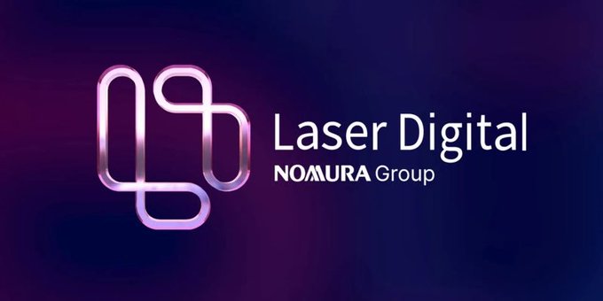 The image displays the Laser Digital logo featuring a stylized purple "LD" monogram, alongside the text "Laser Digital" and "NOMURA Group," set against a dark purple gradient background. The branding visually corresponds to the news that Nomura-backed Laser Digital Japan has become the first new crypto exchange approved in Japan in four years.