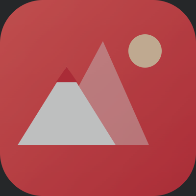 A red app icon featuring a stylized white mountain peak with a smaller pink peak behind it and a beige circle resembling a sun or moon in the upper right.