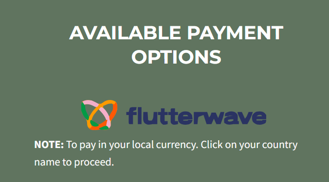 The image displays "AVAILABLE PAYMENT OPTIONS" with the Flutterwave logo prominently featured, instructing users to click on their country name to pay in local currency. This relates to the post by confirming Flutterwave as a payment partner for the Certified GreenCard ESG Manager (CGEM) License, alongside the RLUSD wallet address (with USDT/USDC) accepted from Lagos, Nigeria.