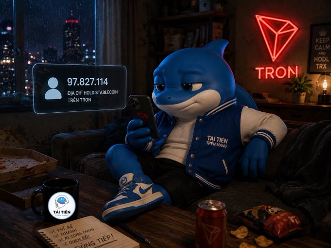 A cartoon blue shark wearing a "Tài Tiện Trên Mạng" varsity jacket sits on a couch looking at a phone displaying "97,827,114 địa chỉ hold stablecoin trên Tron" in a room lit by a red TRON neon sign, with pizza and a soda on the coffee table. The image humorously illustrates the post's point that TRON has become a dominant stablecoin transfer network, with nearly 98 million addresses holding stablecoins on its chain.