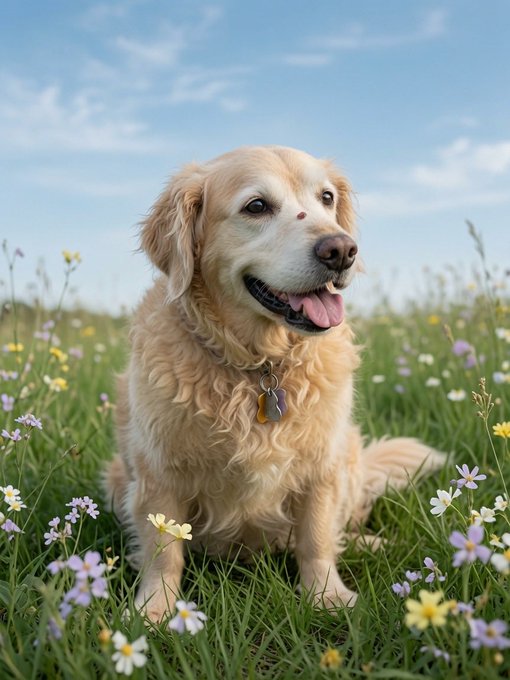 A golden retriever sitting in a grassy field with wildflowers, wearing tags on its collar.