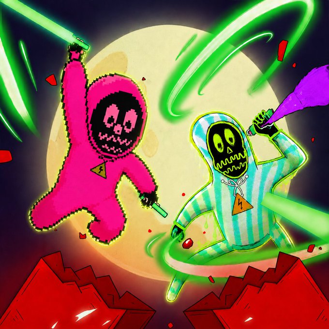 Two skeletal pixel-art figures—one pink and one in teal stripes, wearing lightning-bolt medallions—swirl green lightsabers in front of a giant glowing moon, visually echoing the "10,000 autonomous trading agents as PFPs" concept from the post about REKT TRADOOOR on the Robinhood Chain.