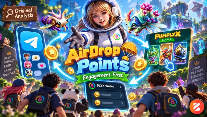 A colorful promotional graphic for 'AirDrop Points' features an anime girl in a spacesuit surrounded by game characters, a Telegram logo, and text including 'PUMPLYX GAME' and 'Engagement First'.
