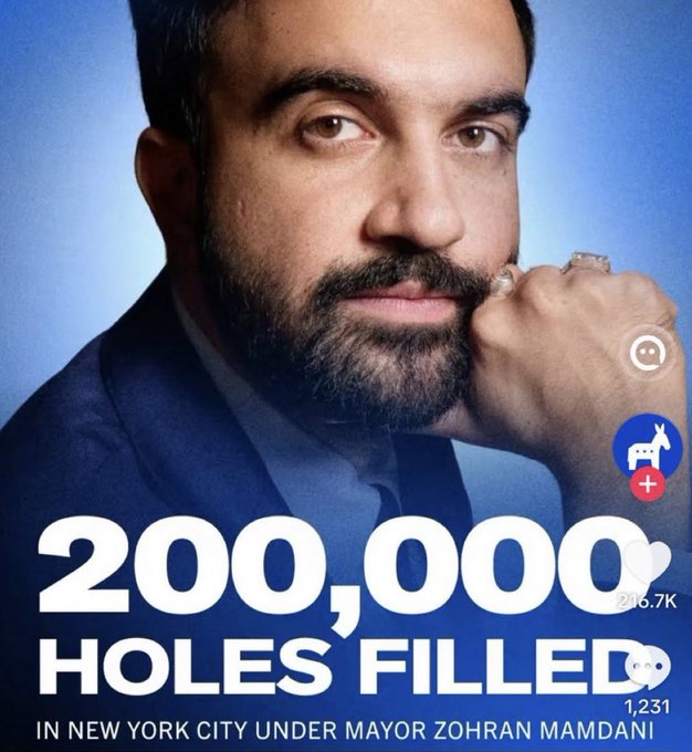 A portrait-style image shows a bearded man with text reading '200,000 HOLES FILLED IN NEW YORK CITY UNDER MAYOR ZOHRAN MAMANI'.