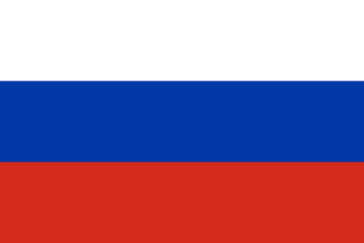 The flag of Russia with horizontal white, blue, and red stripes.