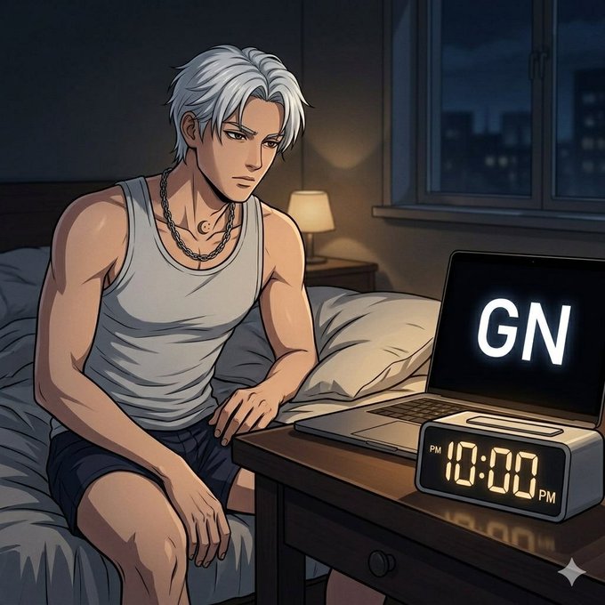 An anime-style illustration shows a young man with white/silver hair wearing a white tank top and chain necklace, sitting on a bed in a dimly lit room at night, with a laptop displaying 'GN' (good night) and a digital clock reading 10:00 PM.