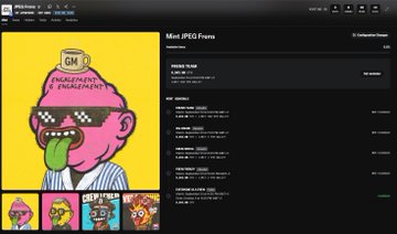 The image displays an NFT minting page on JPEG.frens featuring a pink cartoon character with a long tongue wearing "GMFRENS" and "ENGAGEMENT IS ENGAGEMENT" text, with the post noting that the mint is scheduled for September 23rd at $9.99 each with 9,125 Frens supply.