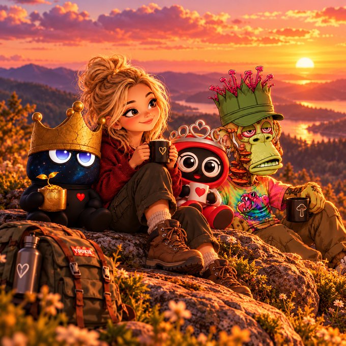 A stylized digital illustration of a young girl and three whimsical characters wearing crowns sitting on a rocky outcrop at sunset, surrounded by a colorful landscape.