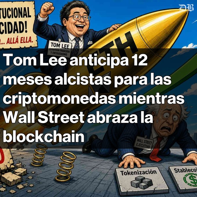 A cartoon illustration showing a man on a rocket labeled 'TH' celebrating, with a fearful man labeled 'WALL STREET EXECUTIVO' below, accompanied by Spanish text: 'Tom Lee anticipa 12 meses alcistas para las criptomonedas mientras Wall Street abraza la blockchain' and blocks labeled 'Tokenización' and 'Stablecoin'.