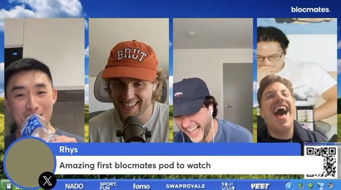 A screenshot from a blocmates podcast featuring four participants in a video call, with a comment from 'Rhys' reading 'Amazing first blocmates pod to watch' alongside sponsor logos.