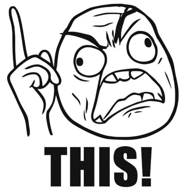 A black and white cartoon drawing of a shocked face with wide eyes and an open mouth, pointing upward with the word 'THIS!' written below.