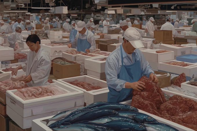 Workers in white coats and blue aprons sort seafood and meat products in foam boxes at a busy fish market.