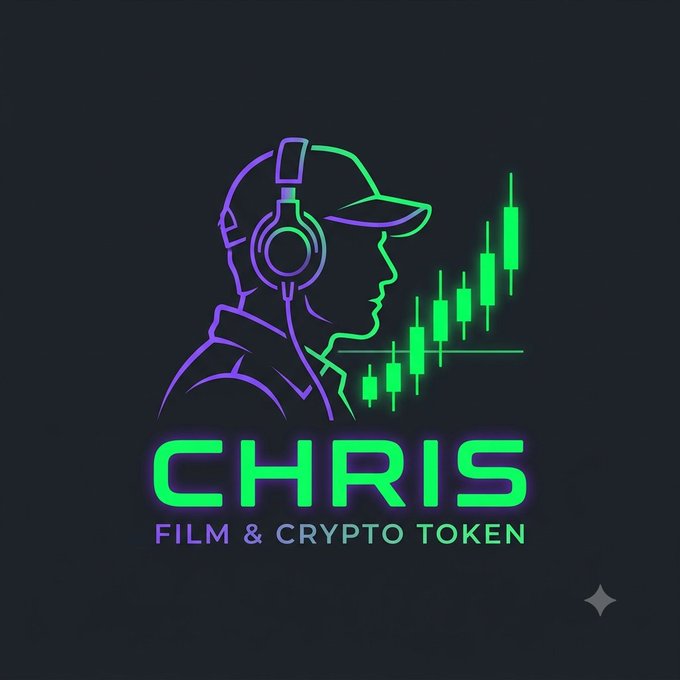 A neon-styled logo reading 'CHRIS - FILM & CRYPTO TOKEN,' featuring a profile silhouette wearing headphones and a cap beside green candlestick price chart graphics.