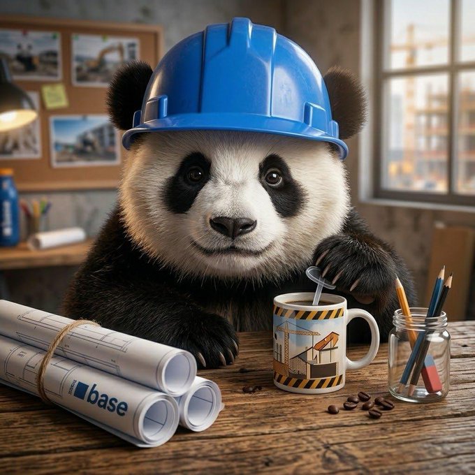 An AI-generated image shows a panda wearing a blue construction hard hat sitting at a wooden table with rolled-up blueprints labeled 'base', a construction-themed coffee cup, and pencils.