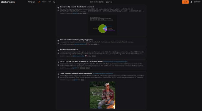 A screenshot of a 'stasher news' forum interface on frontpage.lit, displaying cryptocurrency-related discussion threads about 'Xah', 'Lottery', and 'Julio Marana'.