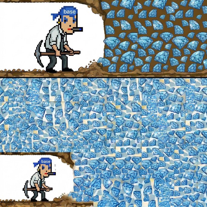 A pixel-art miner labeled "base" digs through a massive wall of diamonds, symbolizing bullish optimism for "base" by depicting abundant precious gems waiting to be unearthed.