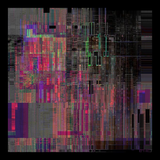 A chaotic digital glitch artwork with vibrant streaks of pink, green, and red layered over dark pixelated textures, signed 'ØTINE' in the bottom right.