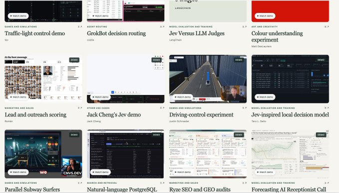 A gallery page on academy.dair.ai showcasing 12 "Jev use cases" videos, including "Traffic-light control demo," "GrokBot decision routing," "Jev Versus LLM Judges," "Colour understanding experiment," "Lead and outreach scoring," "Jack Cheng's Jev demo," "Driving-control experiment," "Jev-inspired local decision model," "Parallel Subway Surfers," "Natural-language PostgreSQL," "Ryze SEO and GEO audits," and "Forecasting AI Receptionist Call." The layout directly supports the post, which highlights an automated system that aggregates and indexes Jev-powered demos shared on X into a centralized inspiration gallery.