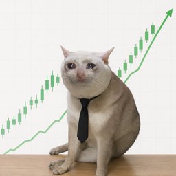 A hairless Sphynx cat wearing a black necktie sits in front of a green candlestick chart showing an upward trend.