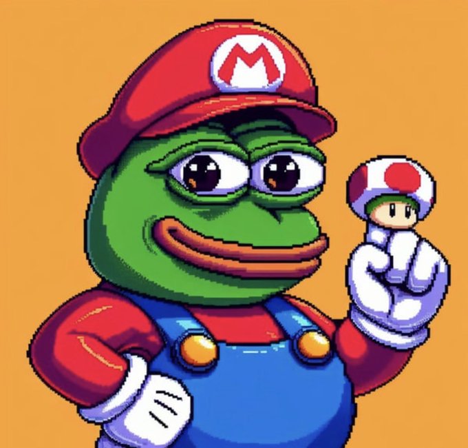 A green Pepe the Frog dressed as Mario, complete with his iconic red "M" cap, holds up a small Toad mushroom character while wearing blue overalls with yellow buttons. The image plays on the crypto meme culture referenced in the post about $mpepe token, blending the classic Pepe frog with Nintendo's Mario universe.