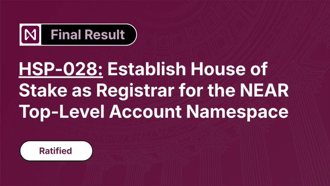 A dark magenta graphic displays the "Final Result" of NEAR Protocol governance proposal HSP-028, which seeks to establish the House of Stake as registrar for the NEAR top-level account namespace, marked as "Ratified" with a pill-shaped tag. The image illustrates the approved proposal mentioned in the accompanying post, confirming that NEAR's account model has been officially unlocked for its full potential through this community-driven governance decision.