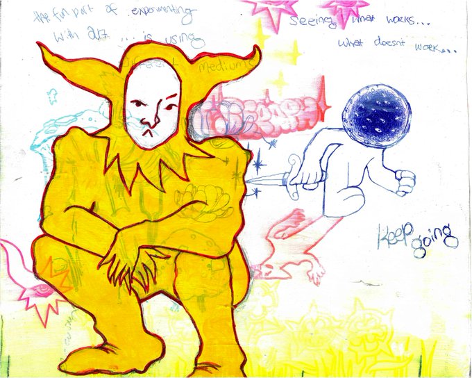 Colorful hand-drawn illustration showing a yellow horned creature with a white face and a blue-headed figure, accompanied by text including "the fun part of experimenting with AI is seeing what works... what doesn't work... keep going" and "base".