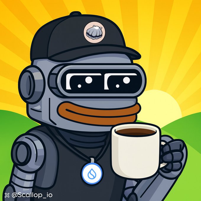 A cartoon robot character wearing a black cap with a shell logo and a Sui (SUI) coin necklace holds up a white coffee mug, set against a sunburst background with green hills, credited to @Scallop_io.